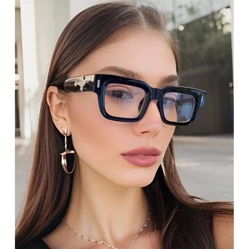 Black Crystal Cross Decor Fashion Glasses Rectangular Clear Lens